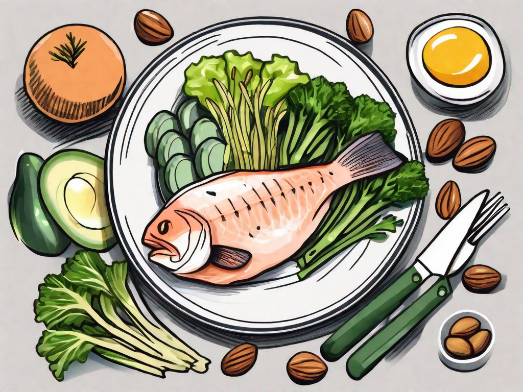 A plate with a selection of low-carb foods like fish