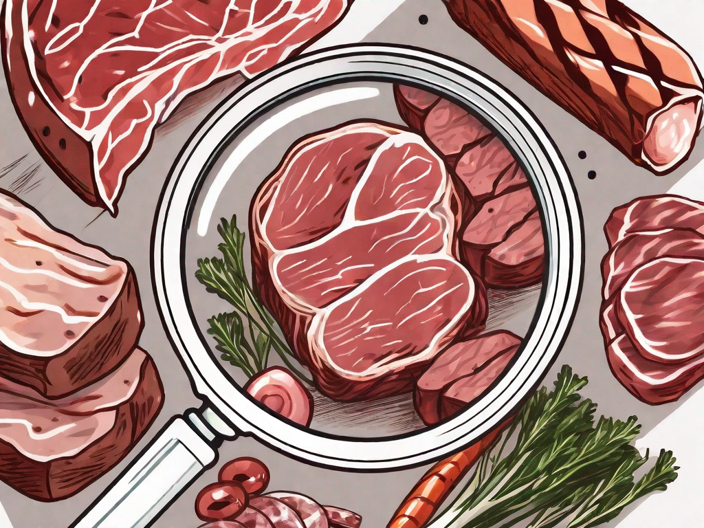 A magnifying glass focusing on a variety of meats